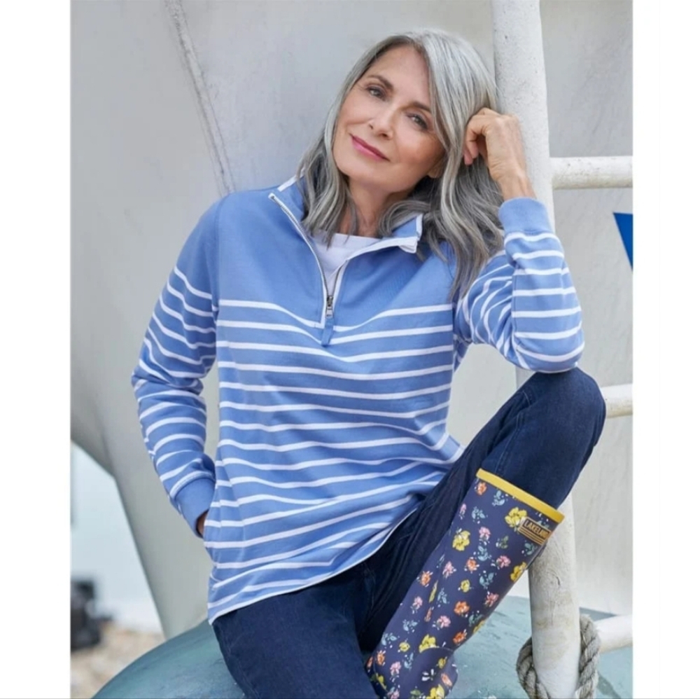 L.L. Bean French Sailor Blue Sweater with Soft Pink Stripes. EUC